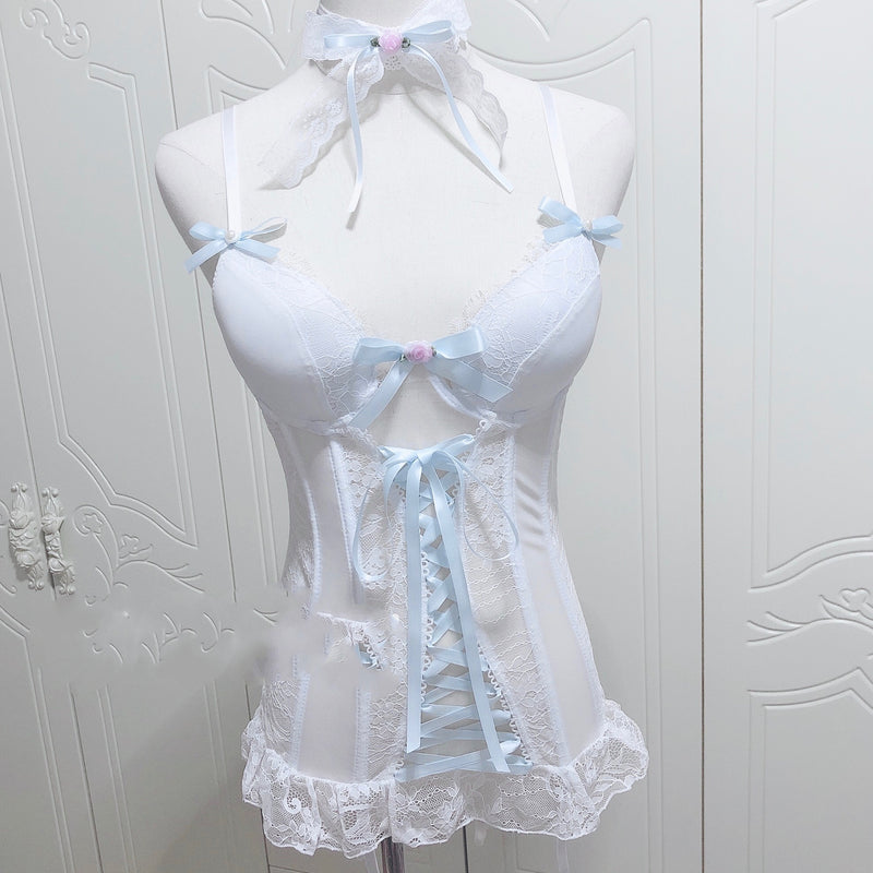 Sweet Ribbon Bandage Bowknot White Lace Corset Sexy Perspective Base Sling