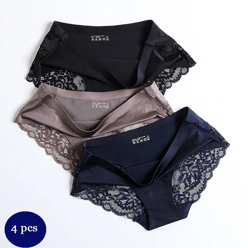 4PCS Luxury Pearl Lace Patchwork Sexy Panties One-piece Seamless Women's Briefs L - 2XL Plus Size