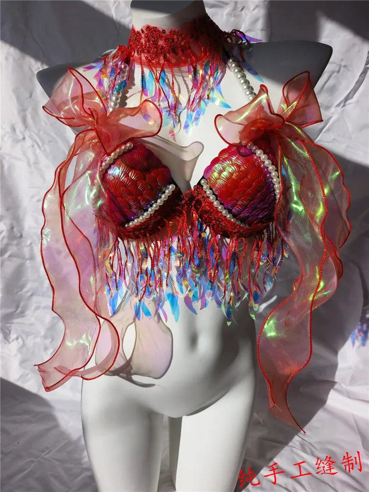 RM Handmade Mermaid Sequin Shell Bikini Top Bra Oceanarium Bar Table Performance Costume Fishtail Leather