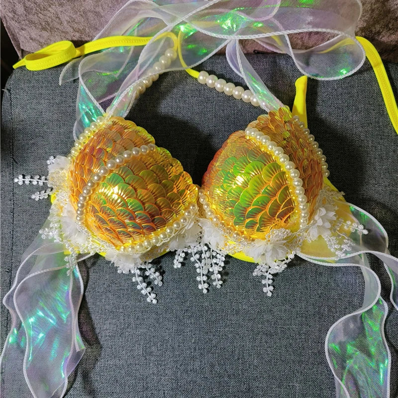 Mermaid Sequins Seashell Bikini Top Bra Oceanarium Bar Table Performance Clothes Electric Festival Fishtail Leather