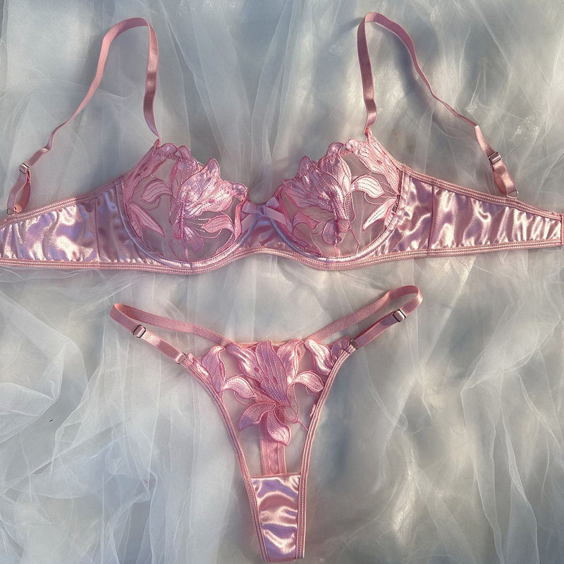 Lace Embroidery Mesh See-through Sexy Lingerie Set