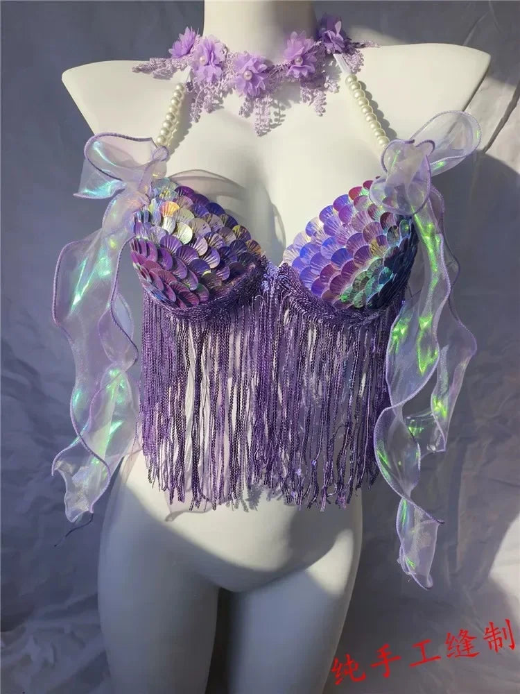 Women Bikini Top Bra Mermaid Sequin Shell Aquarium Bar Lolita Show Outfit Fishtail Leather Halloween Cosplay Costumes