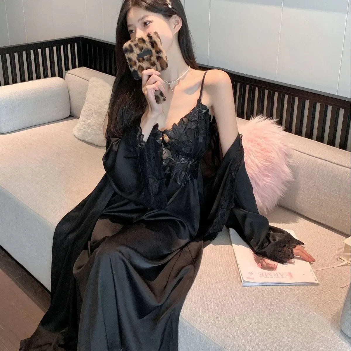 Sexy Black Lace Long Robe Nightgown Female Sleepwear 2Pcs Set Elegant Silky Satin Nightwear Nightdress Loose Homewear Lingerie