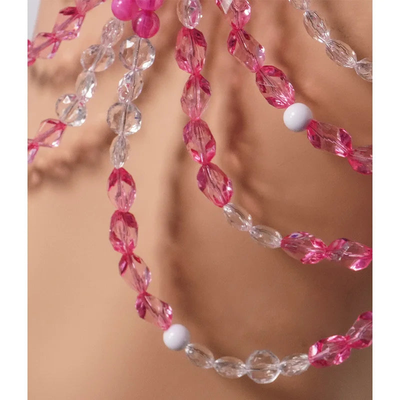 2025 New Arrival Handmade Summer Female Pearl Beaded Bra Top Halter Beach Bralette Pink Crystal Bead Bikini