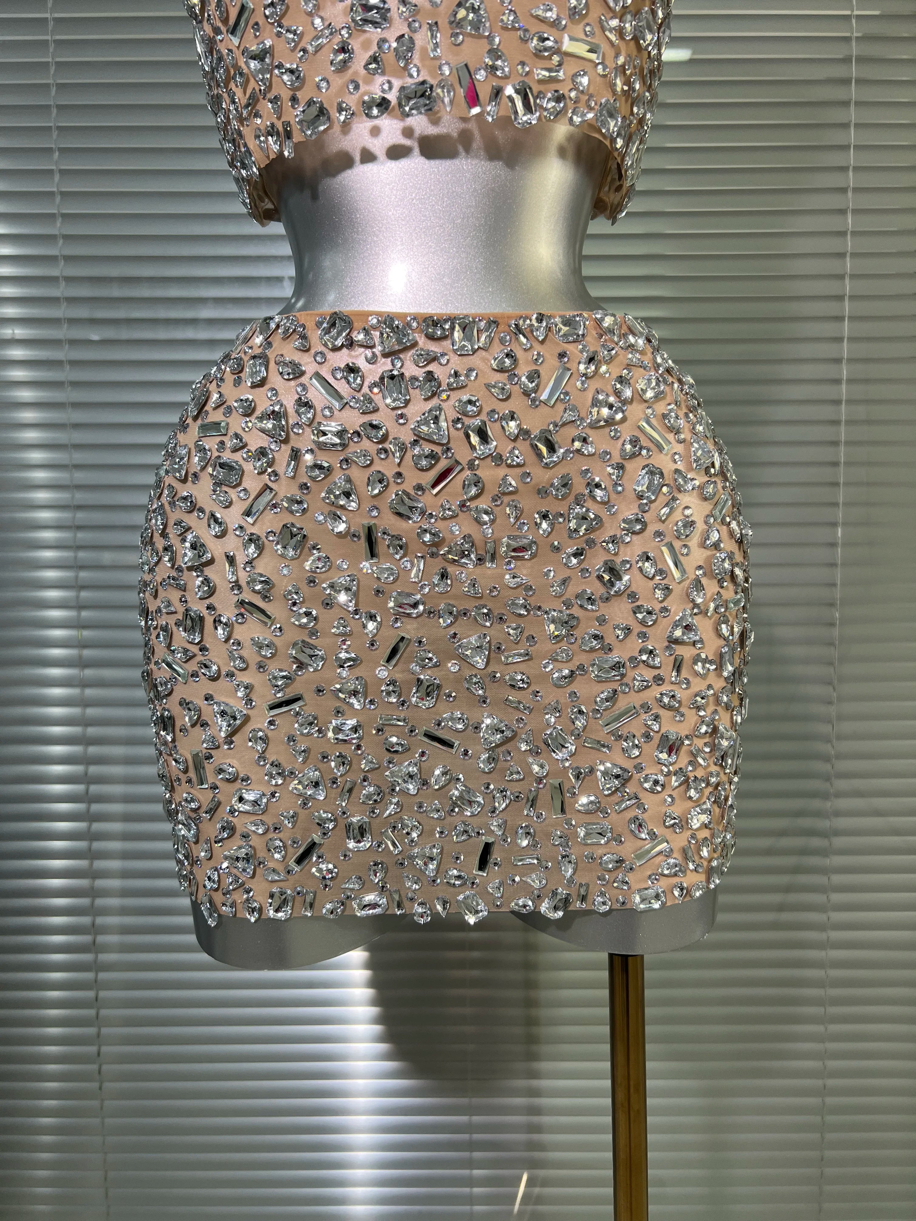 Women Sexy Two Pieces Set Women Skin Crystal Diamond Night Club Skirt Suits Singer Dancer See Through Stage Performance Costume