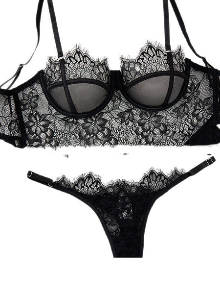 Black Mesh Bra Anti-sagging Lace Sexy Lingerie Set Women