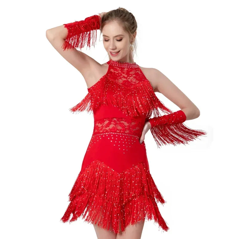 2025 Elegant Sequin Beaded Tassel Latin Dress With Sleeves For Women Sexy Lace Hollow Out Halter Sparkly Rumba -Cha Dancewear