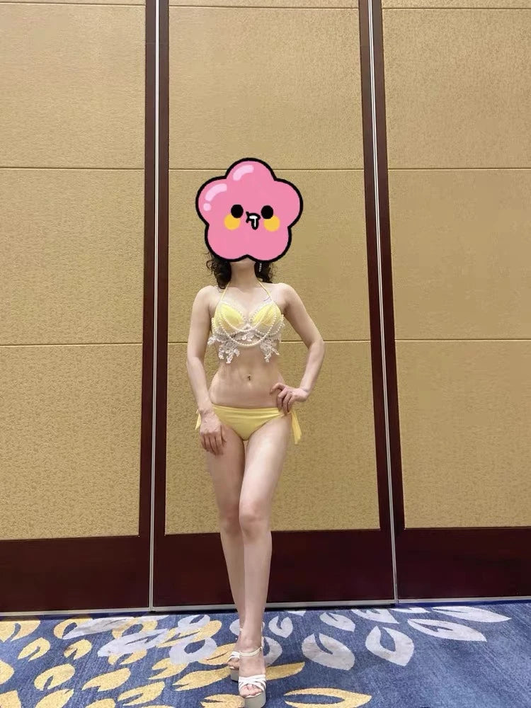 Original Design Handwork Lace Splicing Sequins Pearl Chain Mermaid Bra Beach Bikini Set Diving Photography Seaside Swimsuit