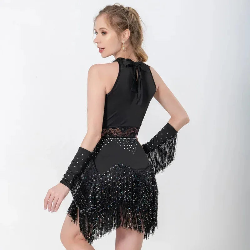 2025 Elegant Sequin Beaded Tassel Latin Dress With Sleeves For Women Sexy Lace Hollow Out Halter Sparkly Rumba -Cha Dancewear