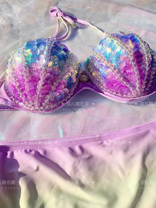 New Thailand Shell Sequin Bikini Corset Mermaid Show Spa Vacation Split Swimsuit Gathered Sexy Corset Set