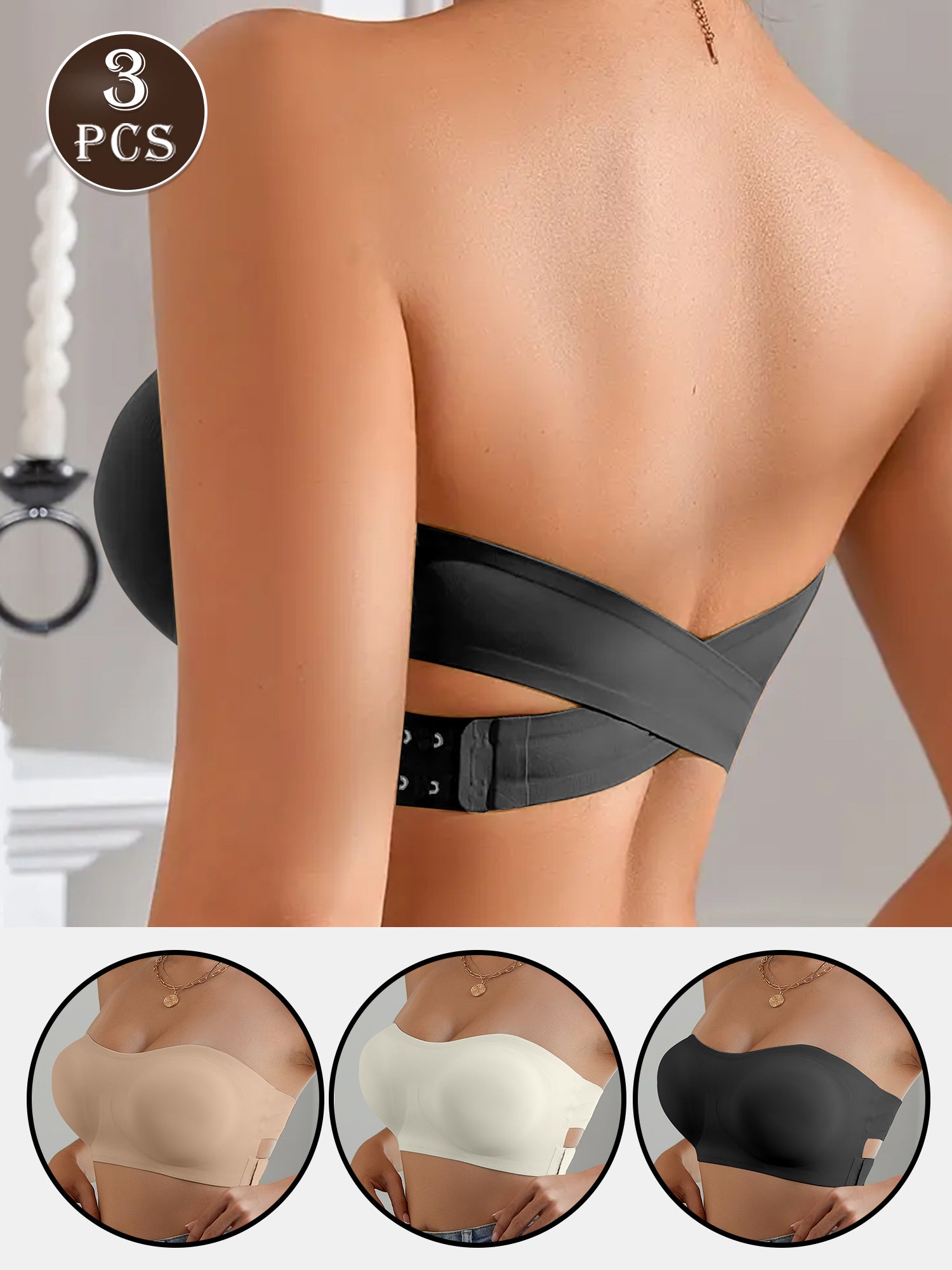 3PCS Strapless Bras For Women - Non-Slip Wireless Seamless Bras Push Up & Side Fat Control For Daily Office All Seasons