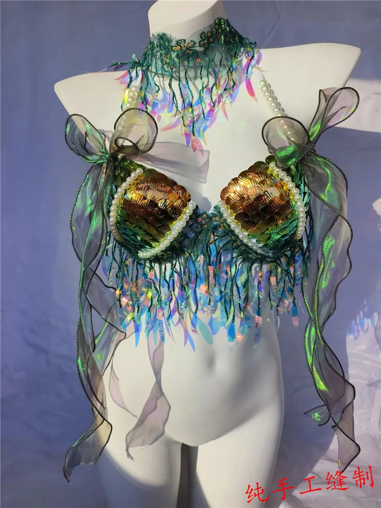 RM Handmade Mermaid Sequin Shell Bikini Top Bra Oceanarium Bar Table Performance Costume Fishtail Leather