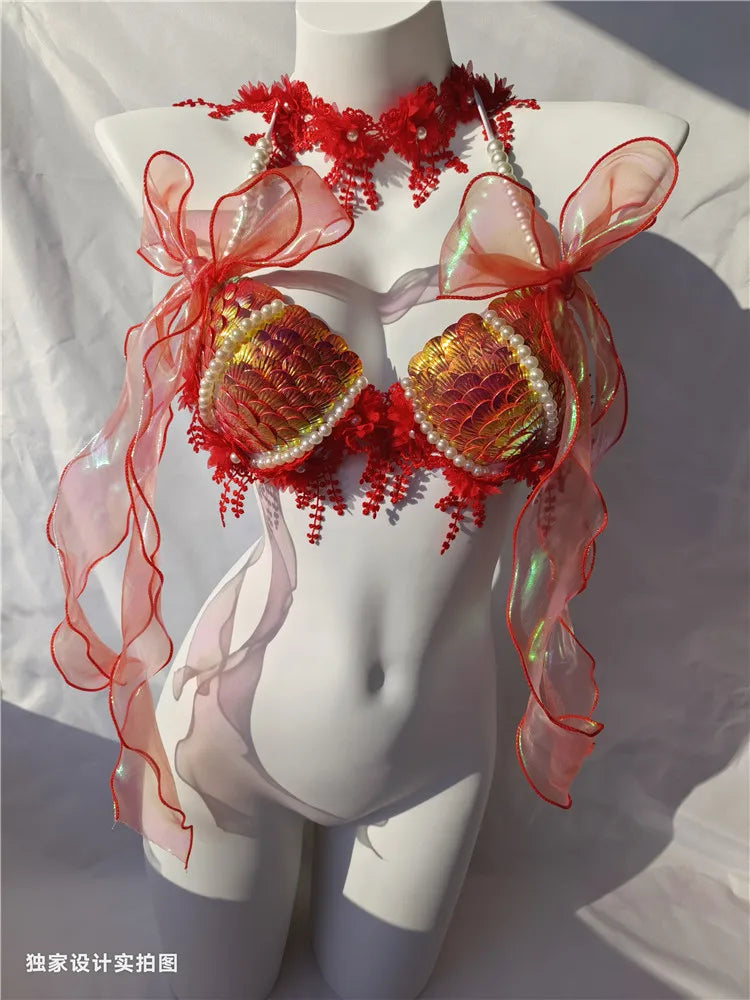 RM Handmade Mermaid Sequin Shell Bikini Top Bra Oceanarium Bar Table Performance Costume Fishtail Leather