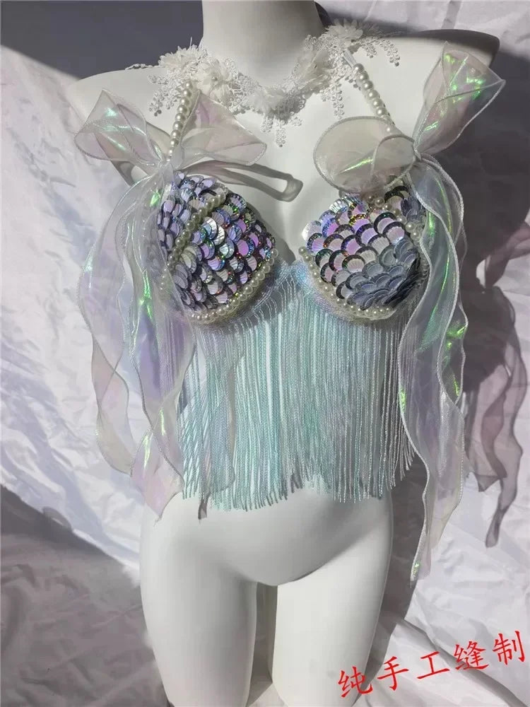 Women Bikini Top Bra Mermaid Sequin Shell Aquarium Bar Lolita Show Outfit Fishtail Leather Halloween Cosplay Costumes