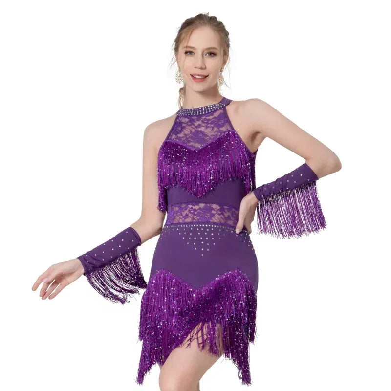 2025 Elegant Sequin Beaded Tassel Latin Dress With Sleeves For Women Sexy Lace Hollow Out Halter Sparkly Rumba -Cha Dancewear
