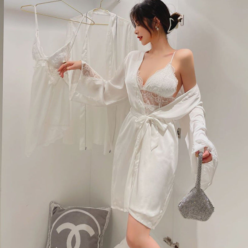 Black Silk Satin Lace Baby doll Lingerie Set