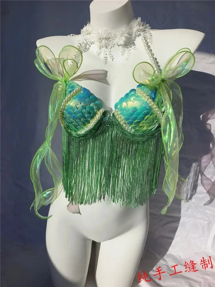 Women Bikini Top Bra Mermaid Sequin Shell Aquarium Bar Lolita Show Outfit Fishtail Leather Halloween Cosplay Costumes