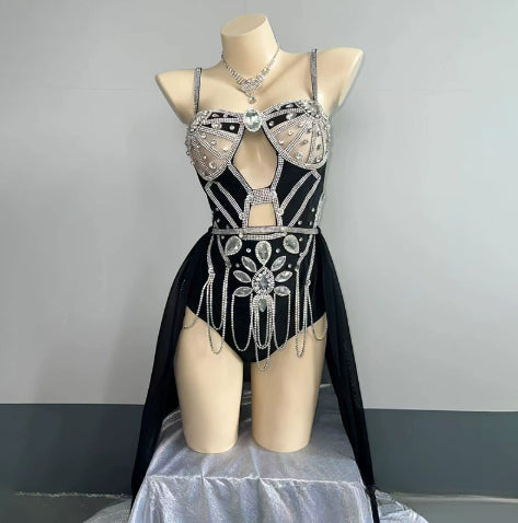 Smokey Blue Shining Chain Vacation Style Bikini Suit