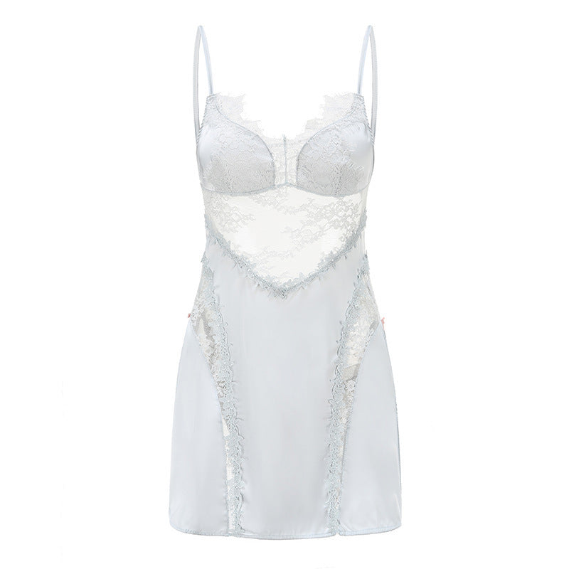 Ice Silk Pajamas Suspender Skirt Suit Lace Perspective Straps