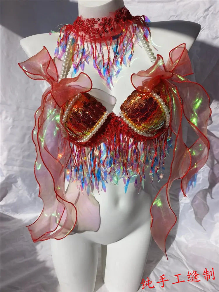 RM Handmade Mermaid Sequin Shell Bikini Top Bra Oceanarium Bar Table Performance Costume Fishtail Leather