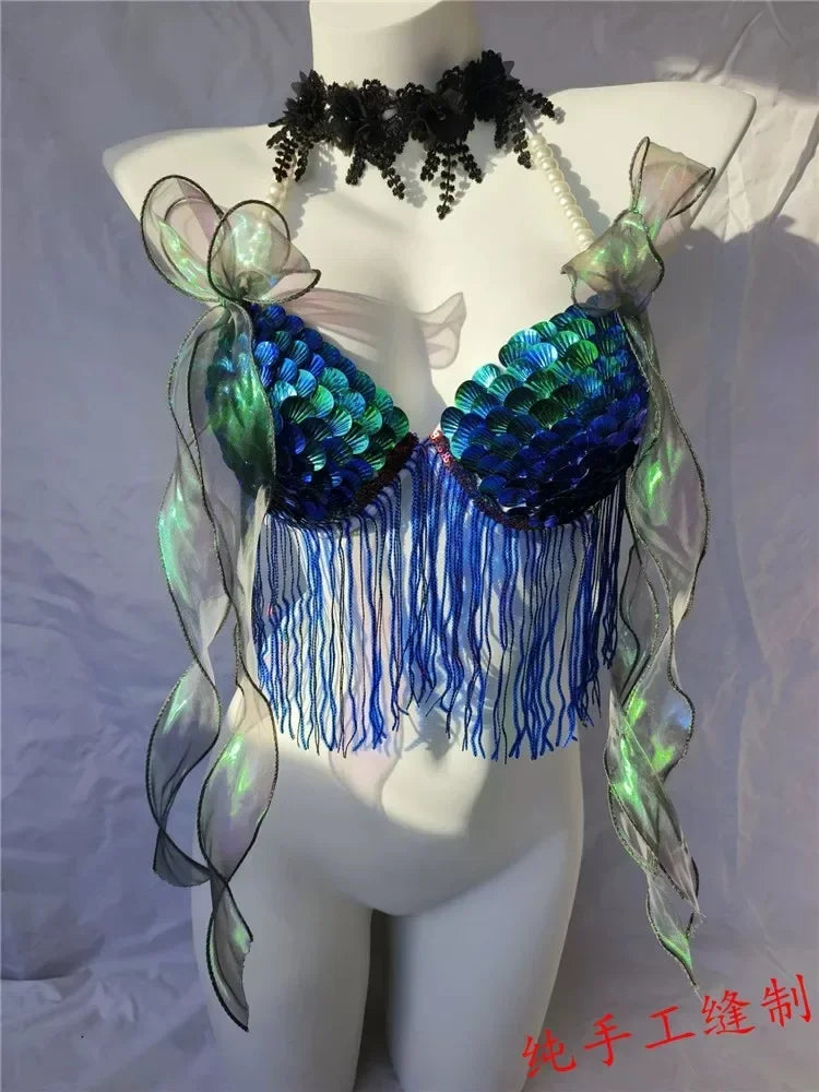 Women Bikini Top Bra Mermaid Sequin Shell Aquarium Bar Lolita Show Outfit Fishtail Leather Halloween Cosplay Costumes