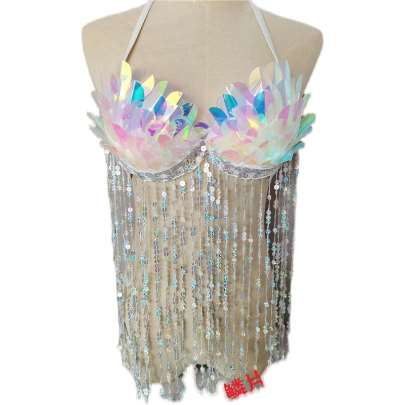 Handmade Mermaid Sequins Seashell Bikini Top Bra Oceanarium Bar Table Performance Costume Fishtail Leather