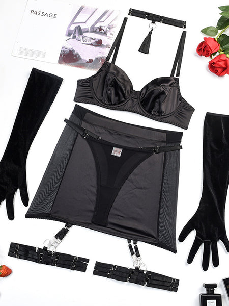 Tassel Collar Satin Hip Skirt Lingerie Set