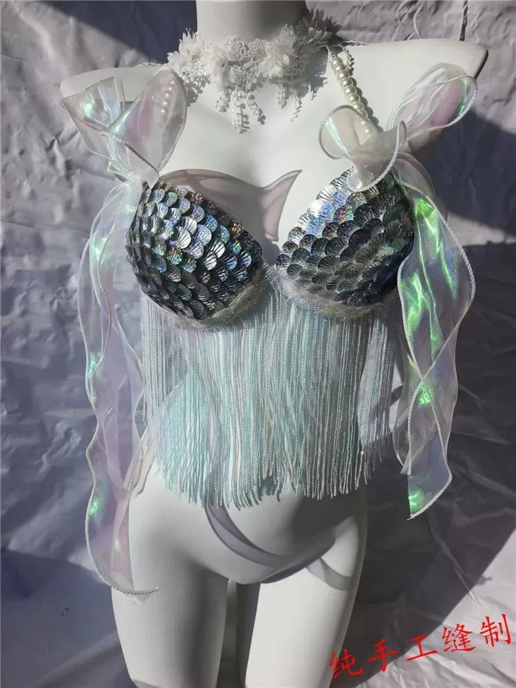Women Bikini Top Bra Mermaid Sequin Shell Aquarium Bar Lolita Show Outfit Fishtail Leather Halloween Cosplay Costumes