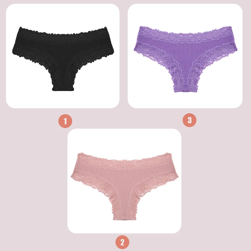 3/5PCS Lace Seamless Cotton Panties Ribbed Brazilian Pants Low Waist Women Panties Breathable Girls Underwear Plus Size Lingerie