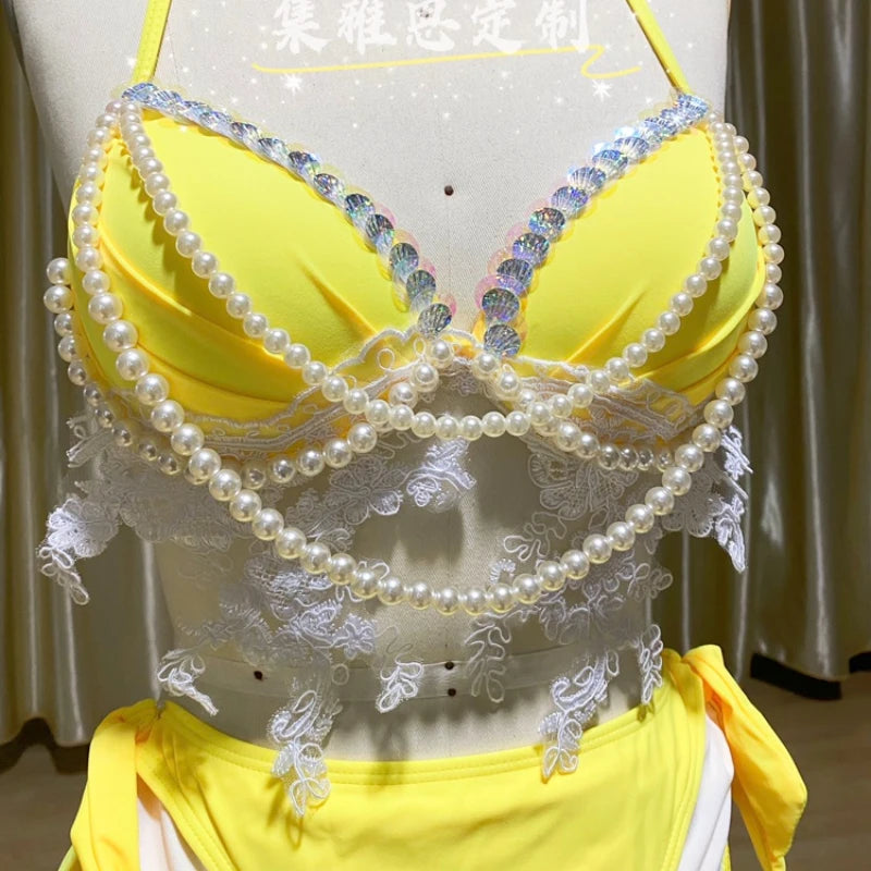 Original Design Handwork Lace Splicing Sequins Pearl Chain Mermaid Bra Beach Bikini Set Diving Photography Seaside Swimsuit