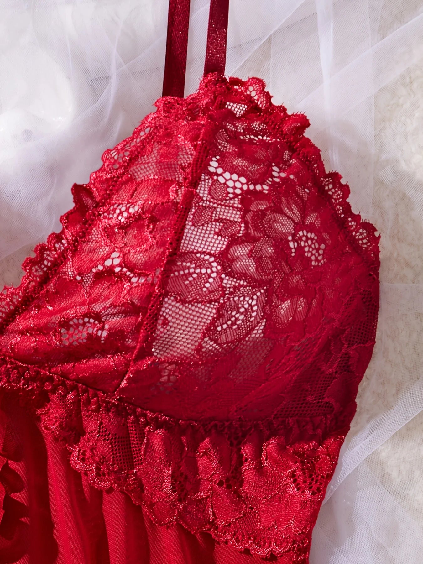 Sexy Lace Lingerie Set for Women, Red Hot Sleepwear Nightdress with Matching Panties, V-Neck Sheer Lace Camisole, Romantic Night