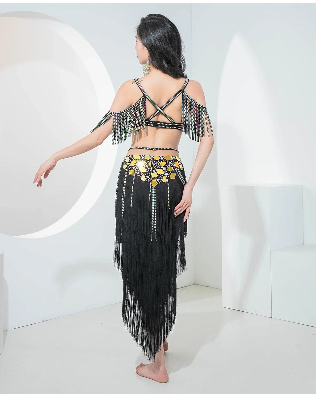 Sexy Women Drum Solo Dance Opening Dance Costume Competition Belly Dance Oriental Beaded Bra Fringes Hip Skirt 2pcs Outfit