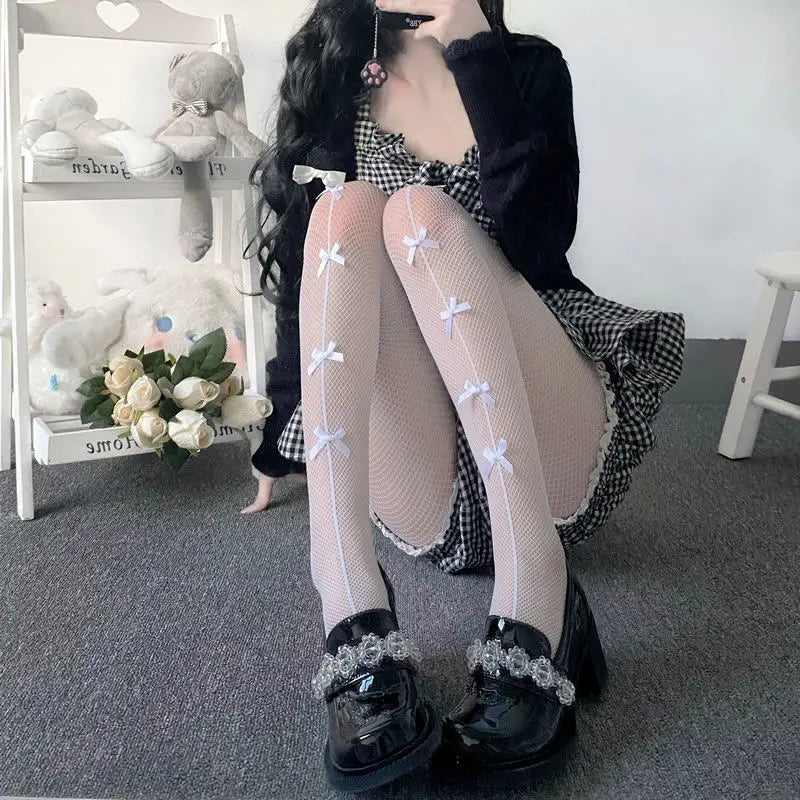 Women Sexy Mesh Fishnet Tights Stockings Pantyhose Bows Transparent Gothic Party Club White Black Women Netting Socks Lingeries