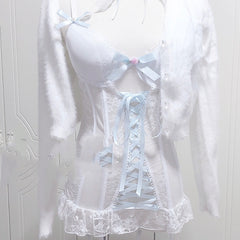 Sweet Ribbon Bandage Bowknot White Lace Corset Sexy Perspective Base Sling