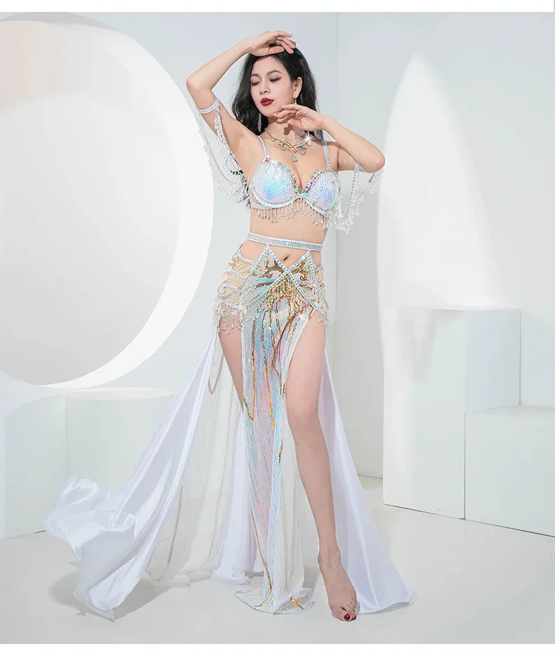 Golden Egyptian Belly Dance Costume Competition Oriental Dance Embroid Bra Skirt Crystal Beads Sleeves Group Performance Set