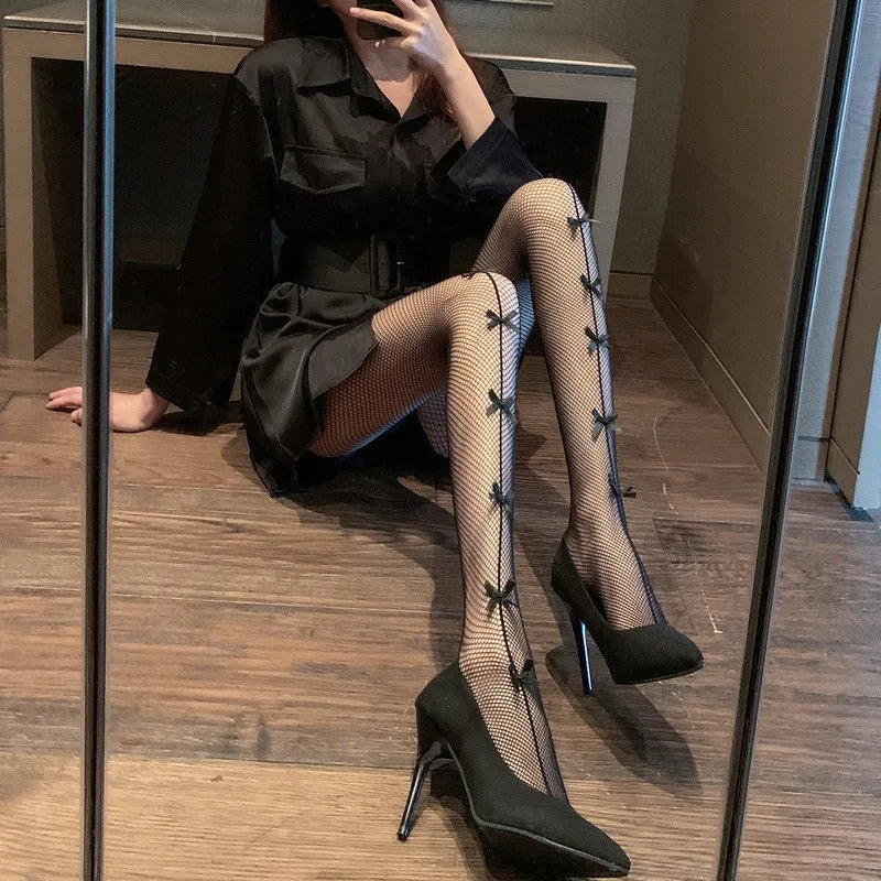 Women Sexy Mesh Fishnet Tights Stockings Pantyhose Bows Transparent Gothic Party Club White Black Women Netting Socks Lingeries