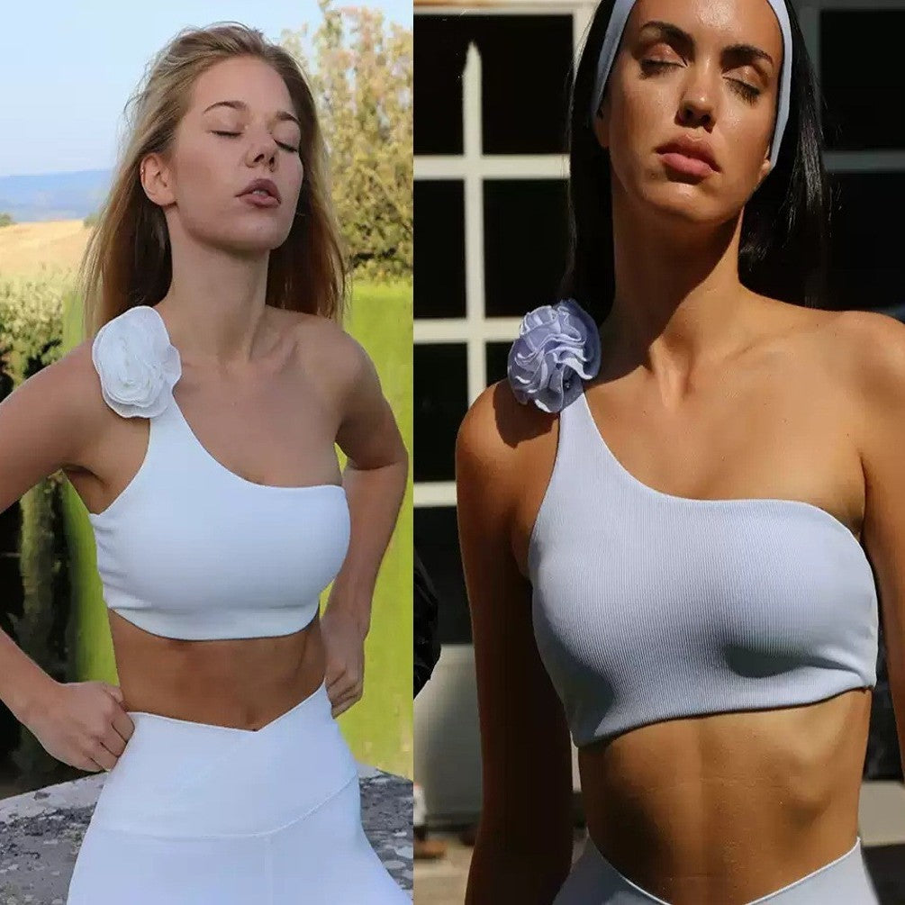 Rib Handmade Three-dimensional Flower Oblique Shoulder Sports Bra With Chest Pad Yoga Vest Women's Suit
