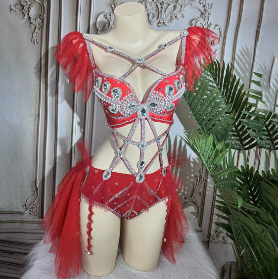 Smokey Blue Shining Chain Vacation Style Bikini Suit