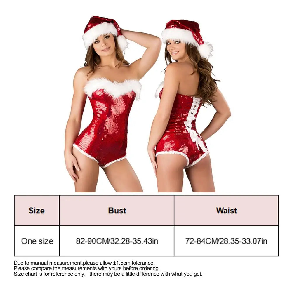 New Christmas Dress Sequin Beads Christmas Apparel Sexy Bra dress Role Playing Red Costume Set  with Hat and Leg Warmers