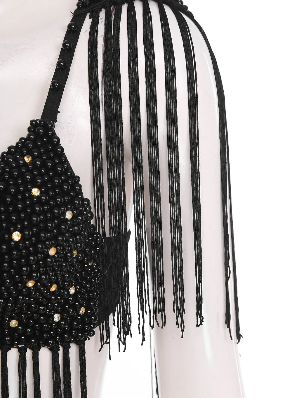 Womens Belly Dance Fringe Bra Allover Plastic Beads Tassel Trim Push-up Bra Top with Shoulder Boards Latin Dance Costume Party