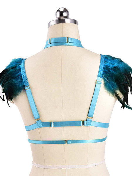 Colorful Goth Punk Harness Feather Lingerie Prom Show Bra