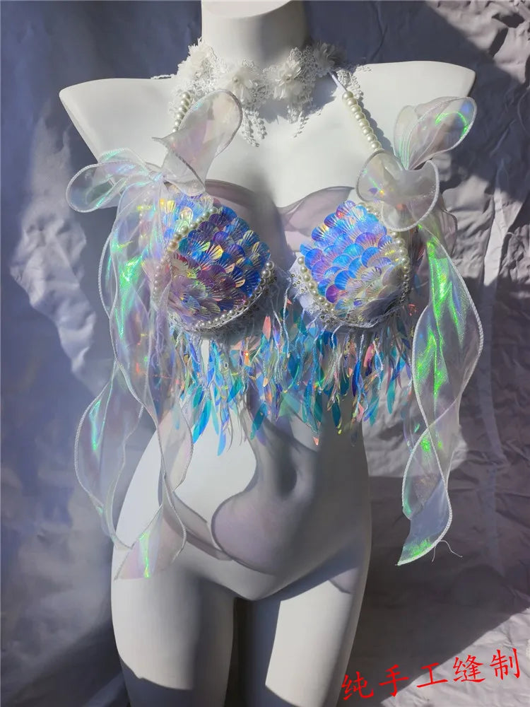 RM Handmade Mermaid Sequin Shell Bikini Top Bra Oceanarium Bar Table Performance Costume Fishtail Leather