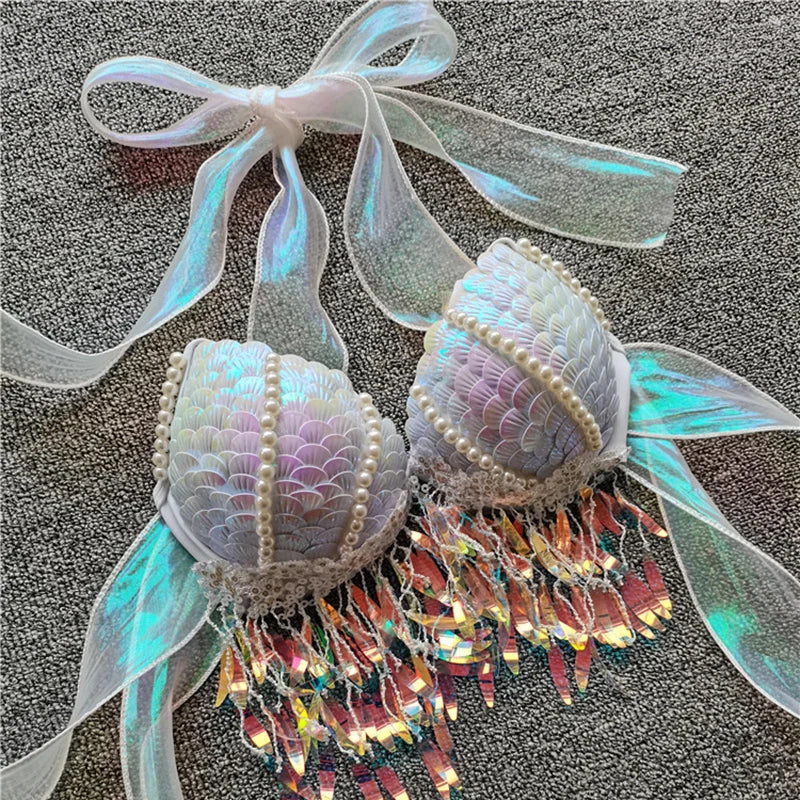 Mermaid Sequins Seashell Bikini Top Bra Oceanarium Bar Table Performance Clothes Electric Festival Fishtail Leather