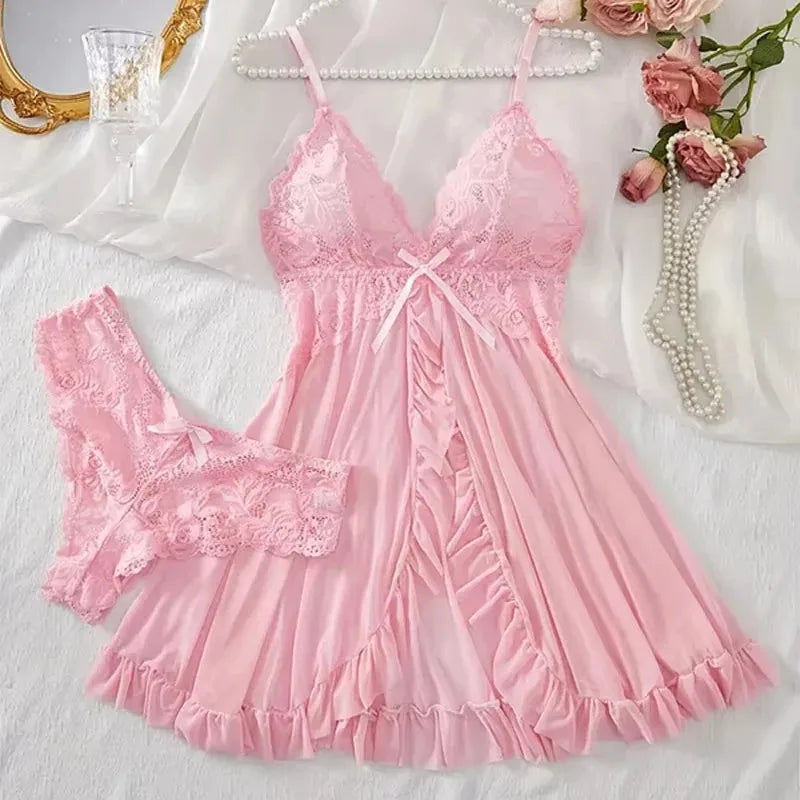 Women Lace Lingerie Set Transparent Babydoll Nightdress with Panty Sexy Lace Sleepwear Nightwear Pajamas Set for Women